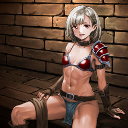 Rule 34 | 1girl, :d, abs, arm belt, armor, belt, belt buckle, belt collar, bikini armor, blue loincloth, braid, breasts, brick wall, brown belt, brown collar, brown gloves, buckle, cleavage, collar, collarbone, fingerless gloves, gloves, highres, loincloth, medium breasts, minamoto80486, navel, open mouth, original, paid reward available, red armor, red eyes, ringed eyes, short hair, single bare shoulder, single shoulder pad, sitting, smile, solo, toned, toned female, white hair