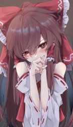 Rule 34 | 1girl, bare shoulders, blush, bow, bright pupils, brown background, covering own mouth, detached sleeves, frilled bow, frilled hair tubes, frills, grin, hair between eyes, hair bow, hair tubes, hakurei reimu, hands up, head tilt, highres, long hair, long sleeves, looking at viewer, midriff, red bow, red eyes, red vest, sidelocks, simple background, smile, solo, touhou, tsune (tune), uneven eyes, upper body, vest