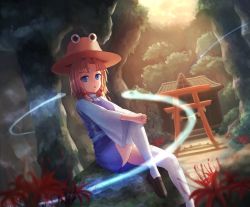 Rule 34 | 1girl, aletto-mikan, blonde hair, blue eyes, dutch angle, flower, hair ornament, hat, highres, long sleeves, looking at viewer, miniskirt, moriya suwako, nature, open mouth, outdoors, rock, shirt, shrine, sitting, sitting on rock, skirt, skirt set, solo, spider lily, thighhighs, torii, touhou, tree, turtleneck, vest, white thighhighs, wide sleeves