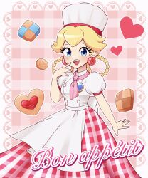 Rule 34 | 1girl, apron, blonde hair, blue eyes, braided hair rings, brooch, chef hat, cookie, earrings, finger to mouth, food, french text, hat, heart, highres, jewelry, looking at viewer, mario (series), nintendo, official alternate costume, official alternate hairstyle, open mouth, patissiere peach, pichi peachy, pink background, pink skirt, plaid, plaid background, plaid skirt, princess peach, princess peach: showtime!, puffy short sleeves, puffy sleeves, shirt, short sleeves, skirt, solo, sphere earrings, teeth, upper teeth only, white apron, white hat, white shirt