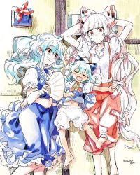 Rule 34 | 3girls, :d, barefoot, bloomers, blue hair, blunt bangs, bow, brown eyes, cirno, closed eyes, clothes lift, collared shirt, dress, dress lift, flower, frilled dress, frills, from above, fujiwara no mokou, girl sandwich, hair bow, hand fan, hat, unworn hat, unworn headwear, kamishirasawa keine, long hair, lying, midriff, multiple girls, open mouth, paper fan, pillow, puffy pants, puffy short sleeves, puffy sleeves, red eyes, sandwiched, shinoasa, shirt, short sleeves, smile, sunflower, suspenders, tanned cirno, tatami, touhou, twitter username, underwear, very long hair, white hair, |d