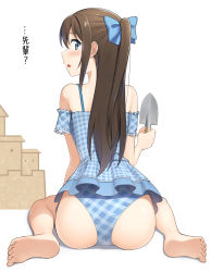 Rule 34 | 1girl, apollo (hu maple), ass, bare shoulders, barefoot, blue eyes, blue one-piece swimsuit, blush, brown hair, from behind, half updo, highres, long hair, looking at viewer, love live!, love live! nijigasaki high school idol club, one-piece swimsuit, open mouth, osaka shizuku, ponytail, sidelocks, sitting, soles, solo, swimsuit, translated, wariza