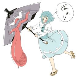 Rule 34 | 1girl, :d, ahoge, blue eyes, blue hair, blue skirt, blue vest, blush, blush stickers, chii-kun (seedyoulater), from side, full body, geta, heterochromia, juliet sleeves, karakasa obake, long sleeves, matching hair/eyes, open mouth, puffy sleeves, red eyes, simple background, skirt, smile, solo, tatara kogasa, text focus, tongue, touhou, translation request, umbrella, vest, white background