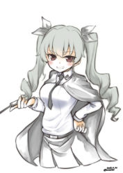 Rule 34 | 10s, 1girl, anchovy (girls und panzer), anzio school uniform, belt, black belt, black cape, black necktie, black ribbon, black skirt, cape, commentary, cropped legs, dated, dress shirt, drill hair, girls und panzer, green hair, grin, hair ribbon, hand on own hip, holding, long hair, long sleeves, looking at viewer, miniskirt, necktie, pleated skirt, red eyes, ribbon, riding crop, school uniform, shirt, simple background, skirt, smile, solo, standing, twin drills, twintails, twitter username, umxzo, upper body, white background, white shirt