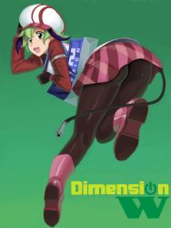 Rule 34 | 10s, 1girl, android, ass, blush, book, boots, dimension w, from behind, gloves, green eyes, green hair, hat, headgear, k.exa, looking at viewer, looking back, matching hair/eyes, multicolored hair, pantyhose, skirt, solo, streaked hair, sweatdrop, tail, two-tone hair, yurizaki mira