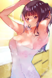 Rule 34 | 1girl, absurdres, arito arayuru, armpits, blunt bangs, breasts, commentary request, hair tie in mouth, highres, hoshi to tsubasa no paradox, large breasts, long hair, looking at viewer, mouth hold, naked towel, purple eyes, purple hair, reika (hoshi to tsubasa no paradox), sidelocks, solo, towel, upper body