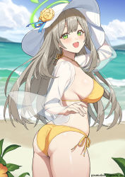 Rule 34 | 1girl, arm up, beach, bikini, blue archive, blurry, blurry background, blush, breasts, brown hair, cloud, cowboy shot, day, fanbox username, flower, gluteal fold, goumudan, green eyes, halo, hat, hat flower, highres, horizon, jacket, large breasts, long hair, looking at viewer, looking back, nonomi (blue archive), nonomi (swimsuit) (blue archive), open mouth, outdoors, sand, see-through, see-through jacket, side-tie bikini bottom, sideboob, sleeveless, sleeveless jacket, smile, solo, sun hat, swimsuit, water, white hat, yellow bikini