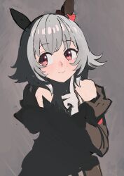 Rule 34 | 1girl, absurdres, animal ears, bare shoulders, black dress, black hairband, bow, closed mouth, commentary request, curren chan (umamusume), dress, ear bow, ear covers, food, gloves, grey background, grey hair, hairband, highres, horse ears, horse girl, long sleeves, oteyawara-kani, red bow, red eyes, short hair, simple background, smile, solo, umamusume, upper body, white gloves