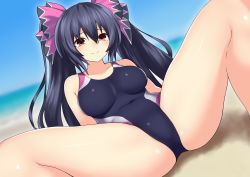 Rule 34 | 1girl, bare legs, bare shoulders, black hair, blush, breasts, competition swimsuit, hair between eyes, hair ornament, hair ribbon, highres, katade, long hair, looking at viewer, medium breasts, neptune (series), noire (neptunia), one-piece swimsuit, paid reward available, red eyes, ribbon, swimsuit, twintails, very long hair