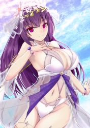 Rule 34 | 1girl, bracelet, breasts, cleavage, clothing cutout, fate/grand order, fate (series), flower, groin, hair flower, hair ornament, hand on own chest, jewelry, large breasts, long hair, navel, navel cutout, one-piece swimsuit, purple hair, red eyes, scathach (fate), scathach skadi (fate), scathach skadi (swimsuit ruler) (fate), sideboob, stomach, swimsuit, thighs, white one-piece swimsuit