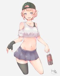 Rule 34 | 1girl, absurdres, bare shoulders, black gloves, black hat, black thighhighs, blush, bottle, breasts, collarbone, commentary request, elf, fingerless gloves, gloves, hat, highres, holding, holding bottle, looking at viewer, miniskirt, navel, open mouth, original, pink hair, pointy ears, shirt, short hair, signature, single glove, single thighhigh, skirt, small breasts, solo, teeth, thighhighs, upper teeth only, white shirt, yumoto motoyu