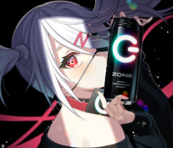 Rule 34 | 1girl, bare shoulders, black background, blush, can, choker, dive to zone, eyelashes, fingernails, hair ornament, hairclip, highres, long sleeves, looking at viewer, off shoulder, power symbol, red eyes, shigure ui, solo, twintails, white hair