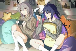 Rule 34 | 2girls, absurdres, ahoge, annoyed, black shorts, blue eyes, blue hair, bronya rand, closed mouth, colored inner hair, controller, crossed bangs, game console, game controller, green eyes, grey hair, hair between eyes, highres, holding, holding controller, holding game controller, honkai: star rail, honkai (series), indoors, long sleeves, looking at another, multicolored hair, multiple girls, natsuki (2917), one eye closed, pillow, playing games, playstation 5, seele (honkai: star rail), shorts, smile, socks, stuffed animal, stuffed toy, sweater, white socks