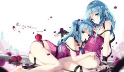 Rule 34 | 2girls, apple, artist name, asahi kuroi, ass, bandaged hand, bare arms, bare shoulders, between legs, black gloves, blue eyes, blue hair, blue nails, blurry, breasts, camisole, cleavage, closed mouth, depth of field, dual persona, fingerless gloves, food, fruit, gloves, hair down, hatsune miku, highres, leaning on person, lock, long hair, looking afar, looking down, lying, medium breasts, messy hair, mouth hold, multiple girls, nail polish, off shoulder, on side, padlock, padlocked collar, panties, polka dot, polka dot panties, reflective floor, romeo to cinderella (vocaloid), shaded face, sitting, smile, song name, strap slip, text focus, thighhighs, translation request, twintails, underwear, vocaloid