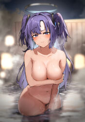 Rule 34 | 1girl, absurdres, blue archive, blush, breasts, cleavage, closed mouth, collarbone, completely nude, covering privates, covering breasts, halo, hanabusaraleigh, highres, large breasts, long hair, looking at viewer, navel, night, nude, onsen, outdoors, purple eyes, purple hair, raised eyebrow, smile, solo, steam, two side up, very long hair, wading, water, yuuka (blue archive)