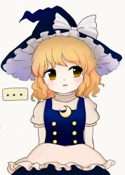 Rule 34 | ..., 1girl, apron, black dress, black hat, blonde hair, blush, crescent, crescent pin, dress, hat, highres, kirisame marisa, legacy of lunatic kingdom, long hair, open mouth, puffy short sleeves, puffy sleeves, rei (tonbo0430), short sleeves, simple background, solo, spoken ellipsis, touhou, waist apron, white apron, white background, white dress, witch hat, yellow eyes, zun (style)