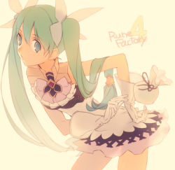 Rule 34 | 1girl, akiyoshi haru, arm up, blue eyes, brooch, dress, frey (rune factory), gloves, green hair, hair ornament, hair ribbon, hand on own hip, jewelry, leaning, leaning forward, long hair, miniskirt, pouch, ribbon, rune factory, rune factory 4, simple background, skirt, sleeveless, solo, text focus, twintails
