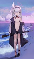 Rule 34 | 1girl, plana (blue archive), absurdres, beach, bikini, black bikini, black coat, black eyes, black footwear, black hairband, blue archive, blush, bow, braid, cloud, cloudy sky, coat, collarbone, colored inner hair, commentary, expressionless, flat chest, full body, gun, hair bow, hair over one eye, hairband, halo, high heels, highres, holding, holding gun, holding weapon, long hair, looking at viewer, micro bikini, multicolored hair, navel, ocean, off shoulder, open clothes, open coat, outdoors, pink hair, sand, single bare shoulder, single braid, sky, solo, somray, standing, stomach, strappy heels, swimsuit, umbrella gun, very long hair, water, weapon, white bow, white hair