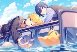 Rule 34 | black vest, blonde hair, blue eyes, blue hair, blue shirt, chain, chain necklace, chair, cloud, cloudy sky, desk, flood, frown, jewelry, kagamine len, kaito (vocaloid), leo/need kaito, leo/need len, necklace, origami, paper crane, rubber duck, school chair, school desk, shirt, sinaooo, sky, vest, vocaloid