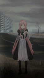 Rule 34 | 1girl, apron, bare tree, black dress, black footwear, black pantyhose, blush, boots, bow, brown eyes, building, chihuri, closed mouth, cloud, cloudy sky, commentary request, dress, hair between eyes, hair ribbon, highres, holding, juliet sleeves, long hair, long sleeves, original, outdoors, pantyhose, paper, pink hair, puffy sleeves, ribbon, shirt, sky, sleeveless, sleeveless dress, solo, standing, tree, very long hair, waist apron, white apron, white bow, white ribbon, white shirt, yana (chihuri)