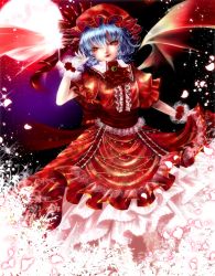 Rule 34 | 1girl, absurdres, ascot, bad id, bad pixiv id, blue hair, brooch, chirarizushi, embellished costume, flower, frilled skirt, frills, full moon, gloves, hand up, hat, hat ribbon, highres, jewelry, lace trim, lips, looking at viewer, mob cap, moon, night, outdoors, puffy short sleeves, puffy sleeves, red eyes, red flower, red hat, red rose, remilia scarlet, ribbon, rose, sash, short hair, short sleeves, skirt, skirt hold, skirt set, solo, sparkle, touhou, wrist cuffs