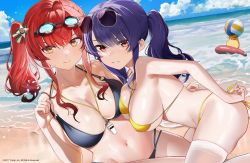 Rule 34 | 2girls, azur lane, ball, beach, beachball, between breasts, bikini, black bikini, breasts, cleavage, closed mouth, day, goggles, goggles on head, grin, halterneck, highres, large breasts, long hair, looking at viewer, manjuu (azur lane), multi-strapped bikini, multiple girls, navel, o-ring, o-ring bikini, ocean, official alternate costume, official art, orange eyes, outdoors, pola (azur lane), pola (seaside coincidence) (azur lane), purple hair, red eyes, red hair, seicoh, side-tie bikini bottom, side ponytail, skindentation, smile, spaghetti strap, stomach, strap gap, strap pull, string bikini, swimsuit, thighhighs, thighs, twintails, water, whistle, whistle around neck, white legwear, yellow bikini, zara (azur lane), zara (poolside coincidence) (azur lane)