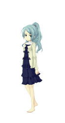 Rule 34 | 1girl, aqua hair, bare legs, barefoot, blue eyes, blue hair, dress, expressionless, full body, hair ornament, hairclip, hide38, jacket, long hair, official art, open clothes, open jacket, original, ponytail, satou kozue (seabed), seabed (visual novel), short dress, simple background, solo, standing, sweater jacket, swept bangs, white background