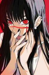 Rule 34 | 1girl, black hair, black nails, chainsaw man, ear piercing, highres, long hair, looking at viewer, piercing, red background, red eyes, red theme, ringed eyes, sailen0, simple background, solo, tank top, tongue, tongue out, white tank top, yoru (chainsaw man)