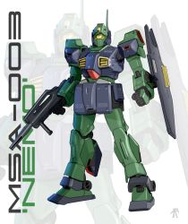 Rule 34 | assault visor, asterozoa, clenched hand, gun, gundam, highres, holding, holding gun, holding shield, holding weapon, looking ahead, mecha, mobile suit, nemo (mobile suit), no humans, radio antenna, robot, shield, solo, weapon, white background, zeta gundam, zoom layer