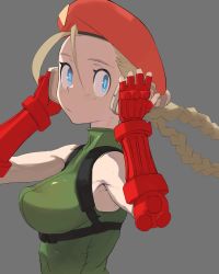 Rule 34 | 1girl, beret, blonde hair, blue eyes, braid, breasts, cammy white, chest harness, closed mouth, commentary request, fingerless gloves, gloves, go d e, green leotard, harness, hat, headphones, highres, leotard, listening to music, long hair, looking at viewer, solo, street fighter, street fighter v, twin braids