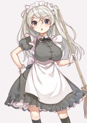 Rule 34 | 1girl, alternate costume, apron, black socks, breasts, brown eyes, commentary request, conte di cavour (kancolle), dress, enmaided, feet out of frame, frilled apron, frills, gloves, grey dress, kantai collection, large breasts, long hair, long sleeves, maid, maid headdress, mitsuyo (mituyo324), mop, simple background, socks, solo, standing, two side up, white apron, white background, white gloves, white hair