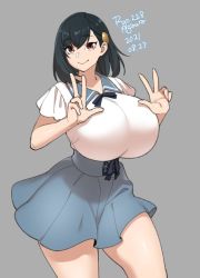 Rule 34 | 1girl, agawa ryou, artist name, asymmetrical bangs, black hair, blouse, blue bow, blue skirt, bow, breasts, closed mouth, collared shirt, commentary, cowboy shot, dated, double v, english commentary, grey background, hands up, high-waist skirt, huge breasts, long hair, miniskirt, narrow waist, numbered, original, red eyes, shirt, short sleeves, simple background, skirt, smile, solo, swept bangs, thick thighs, thighs, tsurime, v, w arms, white shirt
