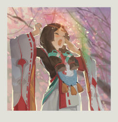 Rule 34 | &gt; &lt;, 1girl, border, copyright request, dated, detached sleeves, closed eyes, hjl, japanese clothes, onmyoji, open mouth, outdoors, sidelocks, solo, stretching, tao hua yao, white border, wide sleeves, yaobikuni (onmyoji), yawning