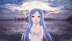 Rule 34 | 1girl, bad id, bad pixiv id, bare shoulders, blue eyes, blue flower, blue hair, breasts, butterfly hair ornament, dress, flower, hair ornament, highres, long hair, looking at viewer, original, outdoors, see-through, skyline, small breasts, solo, strapless, strapless dress, sunrise, topu, upper body