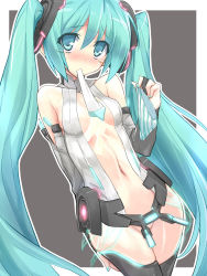 Rule 34 | 1girl, aqua eyes, aqua hair, bare shoulders, blush, breasts, bridal gauntlets, center opening, eeeeee, hatsune miku, hatsune miku (append), highres, holding, holding clothes, holding panties, holding underwear, long hair, mouth hold, navel, necktie, no panties, panties, solo, striped clothes, striped panties, tears, thighhighs, twintails, underwear, very long hair, vocaloid, vocaloid append