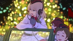 Rule 34 | 3girls, black headwear, blue eyes, blurry, blurry background, brown hair, car, christmas lights, christmas tree, closed eyes, coat, commentary, dated, depth of field, dress shirt, flag, garrison cap, girls und panzer, gloves, grey gloves, hat, headphones, highres, holding, insignia, itsumi erika, kuromorimine military uniform, light particles, looking to the side, medium hair, military, military hat, military uniform, motor vehicle, multiple girls, night, one-hour drawing challenge, open mouth, outdoors, radio, red shirt, riding, shinmai (kyata), shirt, short hair, silver hair, smile, twitter username, uniform, very short hair, wavy hair, white coat, wing collar, winter uniform