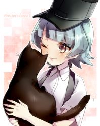 Rule 34 | 1girl, animal, arare (kancolle), brown eyes, cat, grey hair, grey hat, hat, holding, holding animal, kantai collection, lips, looking away, mizoredama1, one eye closed, short hair, short sleeves, solo, twitter username