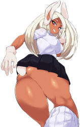 Rule 34 | 1girl, animal ears, ass, black skirt, boku no hero academia, dark-skinned female, dark skin, gloves, highres, looking at viewer, man0., mirko, rabbit ears, rabbit girl, rabbit tail, red eyes, simple background, skirt, smile, solo, tail, tail through clothes, thighs, white background, white hair