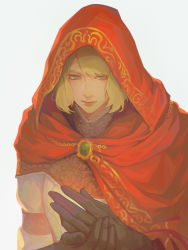 Rule 34 | 1girl, black gloves, blonde hair, blouse, brooch, cape, closed mouth, commentary, elden ring, english commentary, gloves, green eyes, highres, hood, hood up, hooded cape, jewelry, lips, looking away, pink lips, red cape, renshena, roderika (elden ring), shirt, short hair, simple background, solo, upper body, white background, white shirt