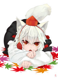 Rule 34 | 1girl, all fours, animal ears, bad id, bad pixiv id, detached sleeves, fang, hat, inubashiri momiji, leaf, looking at viewer, maple leaf, open mouth, pom pom (clothes), red eyes, saryuu (iriomote), short hair, solo, tail, tokin hat, touhou, triangle mouth, white hair, wide sleeves, wolf ears, wolf tail