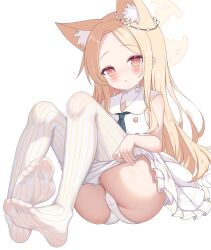 1girl animal_ear_fluff animal_ears ass blonde_hair blue_archive blush cameltoe clothes_pull commentary cross_halo dress extra_ears forehead fox_ears gradient_eyes gugu0v0 hair_ornament halo highres long_hair looking_at_viewer multicolored_eyes no_shoes open_mouth panties pantyhose pantyhose_pull seia_(blue_archive) simple_background sitting sleeveless sleeveless_dress soles solo striped_clothes striped_pantyhose toes underwear vertical-striped_clothes vertical-striped_pantyhose white_dress white_panties white_pantyhose yellow_eyes yellow_halo