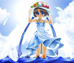 Rule 34 | 1girl, blue eyes, blue theme, brown hair, dress, feathers, flower, hands on headwear, nashigami tsubute, original, ribbon, short hair, smile, solo, wading, water