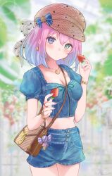 Rule 34 | 1girl, armlet, bag, breasts, brown hat, candy, cleavage, crescent, crescent earrings, crescent necklace, denim, denim shirt, denim shorts, earrings, flat cap, food, fruit, gold bracelet, gradient hair, green eyes, hair ribbon, handbag, hat, hat ribbon, hatanaka marie, head tilt, heterochromia, highres, himemori luna, holding, holding food, hololive, jewelry, looking at viewer, medium breasts, midriff, multicolored hair, nail polish, necklace, pink hair, pink nails, purple eyes, ribbon, short hair, shorts, strawberry, virtual youtuber