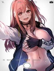 Rule 34 | 1girl, ;d, absurdres, arm up, bad id, bad pixiv id, black gloves, black jacket, blush, breasts, camera lens, cleavage, commission, covering privates, covering breasts, dead or alive, fingerless gloves, gloves, gradient hair, grey background, highres, honoka (doa), jacket, large breasts, long hair, long sleeves, multicolored hair, navel, no bra, one eye closed, one side up, open clothes, open jacket, open mouth, outstretched arm, red eyes, red hair, selfie, sidelocks, smile, solo, stomach, suru (ksoo420), unzipped, upper body, white sleeves