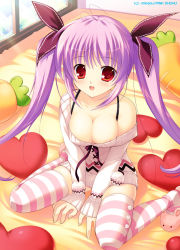 Rule 34 | 1girl, :d, areola slip, bad id, bad pixiv id, breasts, carrot, cleavage, dress, heart, heart-shaped pillow, highres, large breasts, looking at viewer, mikeou, nipple slip, nipples, off shoulder, open mouth, original, pillow, pink thighhighs, purple hair, red eyes, sitting, slippers, smile, solo, striped clothes, striped thighhighs, sweater, sweater dress, thighhighs, twintails, wariza, white thighhighs