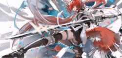 Rule 34 | 1girl, animal ears, arknights, belt, black footwear, black shirt, black skirt, black thighhighs, brown eyes, chinese commentary, commentary request, confetti, emphasis lines, fighting stance, flametail (arknights), fox ears, fox tail, full body, gleam, gloves, grey belt, grey gloves, highres, holding, holding sword, holding weapon, jacket, kneepits, long hair, long sleeves, low twintails, miniskirt, open mouth, red hair, shirt, shoes, skirt, solo, sword, tail, teeth, thigh belt, thigh strap, thighhighs, twintails, upper teeth only, very long hair, weapon, white background, white jacket, white sleeves, yuziwen025