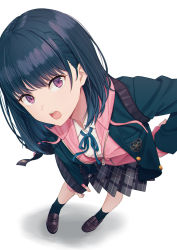 Rule 34 | :o, black hair, black jacket, black skirt, black socks, blazer, blue ribbon, brown footwear, commentary request, copyright request, from above, full body, hand on own hip, highres, hyuuga azuri, jacket, kneehighs, loafers, long sleeves, looking at viewer, looking up, medium hair, miniskirt, neck ribbon, open clothes, open jacket, open mouth, original, pink jacket, plaid, plaid skirt, pleated skirt, purple eyes, ribbon, shoes, skirt, socks, solo, standing, unbuttoned, zipper pull tab