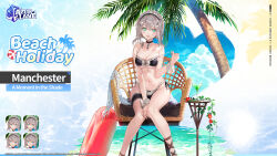 Rule 34 | 1girl, aqua eyes, azur lane, beach, bikini, bikini pull, black bikini, black choker, blush, bow, breasts, brown footwear, chair, character name, choker, cleavage, clothes pull, cloud, cocktail glass, collarbone, commentary, copyright name, cup, day, drinking glass, english commentary, english text, expressions, feet, frilled bikini, frills, full body, green eyes, grey hair, hair between eyes, hair ornament, hairclip, highres, innertube, knees together feet apart, large breasts, legs, looking at viewer, maid, maid bikini, maid headdress, manchester (a moment in the shade) (azur lane), manchester (azur lane), medium hair, multiple views, navel, ocean, official alternate costume, official art, open mouth, outdoors, palm tree, sand, sandals, short hair, short twintails, side-tie bikini bottom, sidelocks, sitting, sky, slippers, smile, star-shaped pupils, star (symbol), starfish, stomach, strap slip, swim ring, swimsuit, symbol-shaped pupils, teeth, thigh strap, thighs, toenails, toes, tree, twintails, unconventional maid, water, white bow, wrist cuffs, x hair ornament, zoom layer