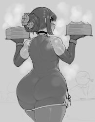 1other ass cake food from_behind greyscale hair_bun highres holding holding_food huge_ass krekkov looking_at_viewer looking_back monochrome single_hair_bun solo_focus thick_thighs thighhighs thighs wide_hips