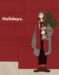 Rule 34 | 1girl, artist name, black pants, blending, brown footwear, brown hair, coat, english text, expressionless, grey coat, highres, holding, holding plant, leaf, original, pants, pink socks, plant, red background, red scarf, red shirt, scarf, shirt, shoes, short hair, socks, solo, standing, syooooyoooo, wide shot